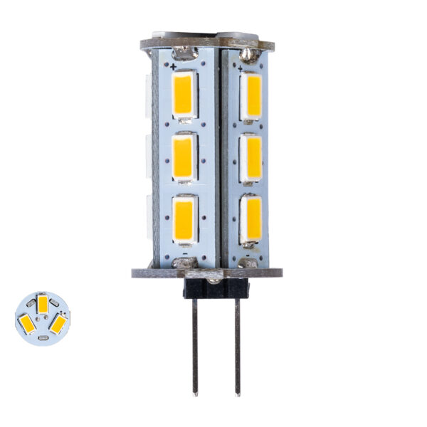 GloboStar® 76134 Λάμπα LED G4 SMD 5630 5W 550lm 320° DC 12-24V IP20 Φ1.8 x Υ4.3cm Θερμό Λευκό 2700K Dimmable - 2 Χρόνια Εγγύηση