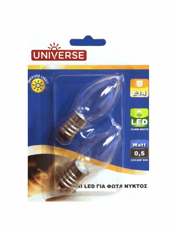 ΛΑΜΠΑ LED ΝΥΚΤΟΣ 0,5W E14 3000K 220-240V UNIVERSE X2ΤΕΜ - 2-U002103