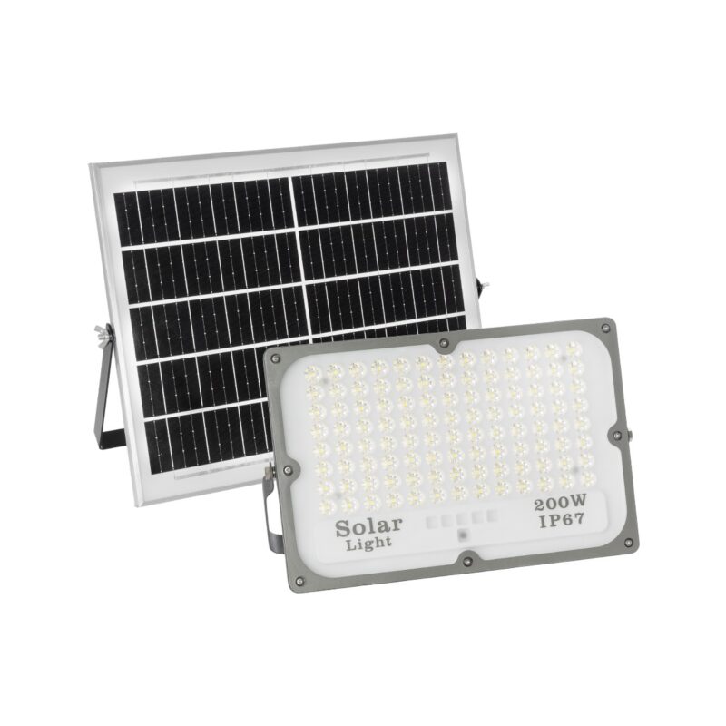 GLOBOSTAR® LUMOVOX 73068 Προβολέας LED 200W 10000lm 120° DC 5V με Φωτοβολταϊκό Panel 5V 12W & Επαναφορτιζόμενη Μπαταρία Li-ion 3.2V 10000mAh Αδιάβροχο IP67 Ψυχρό Λευκό 6000K – 180 x SMD2835 Sanan Chip – Γκρι Ανθρακί – Μ29.5 x Π5.5 x Υ19cm – 2 Χρόνια Εγγύηση