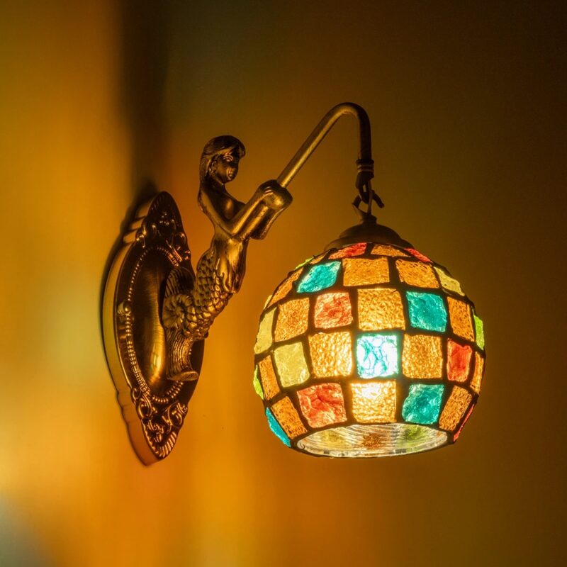 GLOBOSTAR® MERMAID 02389 Vintage Φωτιστικό Τοίχου – Απλίκα με Ντουί 1 x E27 AC 220-240V IP20 – Μπρούτζινο & Πολύχρωμο – Μ17 x Π30 x Υ27cm