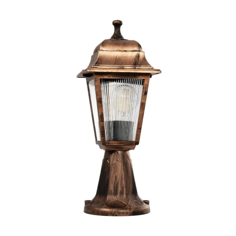 GloboStar® SOLME 203-0215 Vintage Επιδαπέδιο Φωτιστικό Φαναράκι Μονόφωτο 1 x E27 IP44 Χάλκινο & Διάφανο Πλαστικό – Μ22 x Π22 x Υ40cm