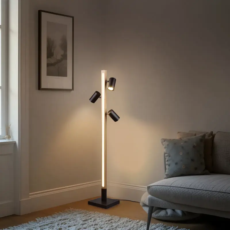 Φωτιστικό Δαπέδου LED 20W 2300lm 3000K με 3xGU10 Σποτ Μαύρο & Ξύλο Trio Lighting – 412510432