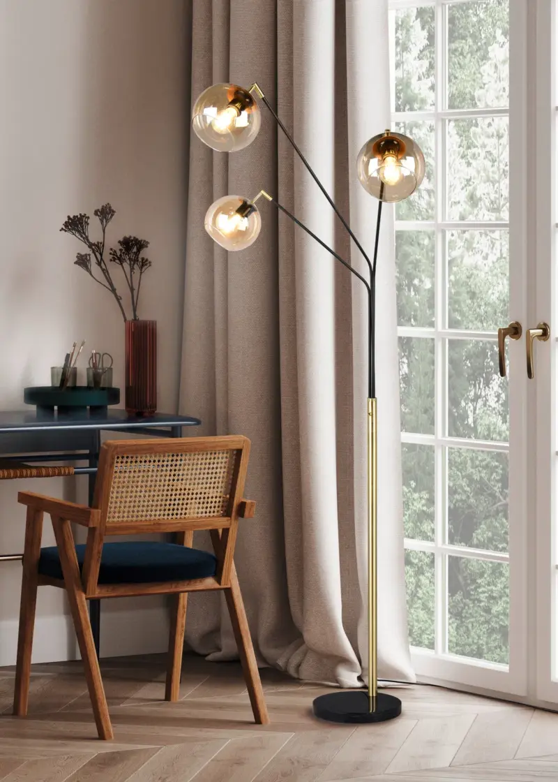 Φωτιστικό Δαπέδου Trio Lighting Μαύρο/Χρυσό με 3xE27 Γυάλινες Μελί Μπάλες – 416900380