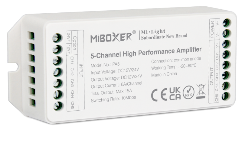 MiBoxer PA5 5-Channel High Performance Amplifier – LED Ενισχυτής Σήματος & Ισχύος 12/24V  15A  A-PA5