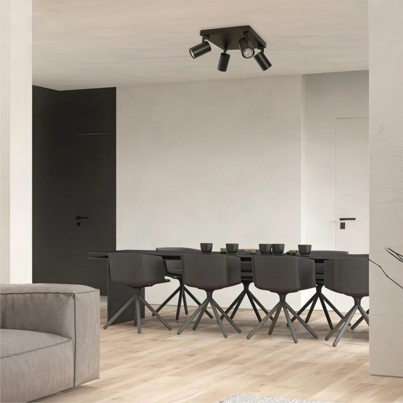 kelvo® SPOTA KLV-101-0146 Κινούμενο Φωτιστικό Σποτ Οροφής για 4 Λάμπες MR16 με Ντουί GU10 AC 220-240V IP20 – Μαύρο Ματ – Μ26 x Π26 x Υ14cm