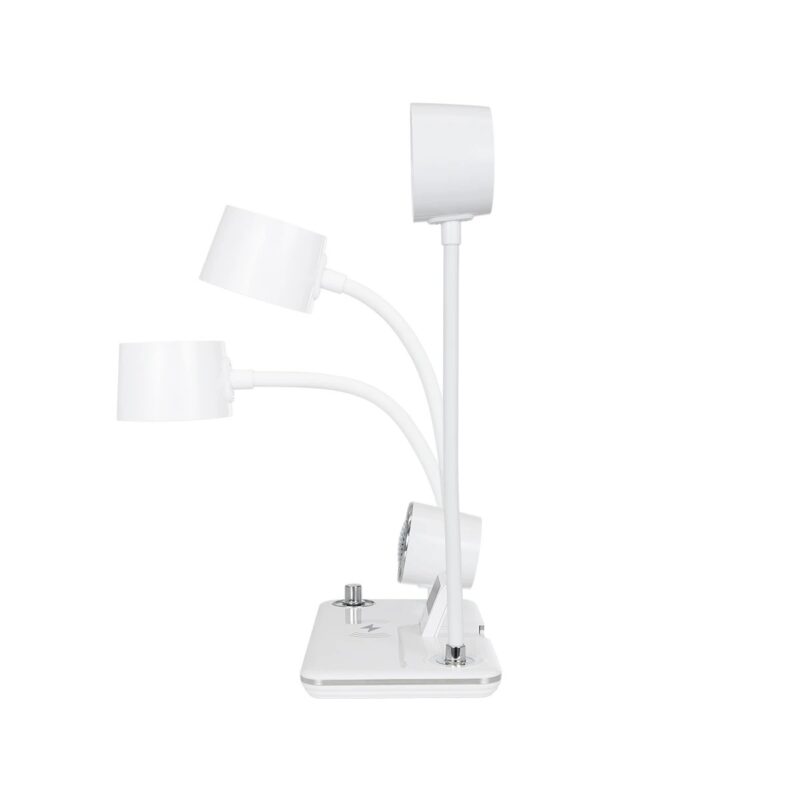 GLOBOSTAR® OLDY 76557 Μοντέρνο Επιτραπέζιο Φωτιστικό Γραφείου με Ασύρματη Φόρτιση 15W 3A, 5W Bluetooth Ηχείο & Ψηφιακό Ρολόι LED 3W 300lm 120° DC 5V με USB-C IP20 Ρυθμιζόμενο Λευκό CCT με Αφή 2700K/4500K/6000K Dimmable – Sanan SMD Chip – Λευκό – Μ13 x Π25 x Υ43cm – 2 Χρόνια Εγγύηση