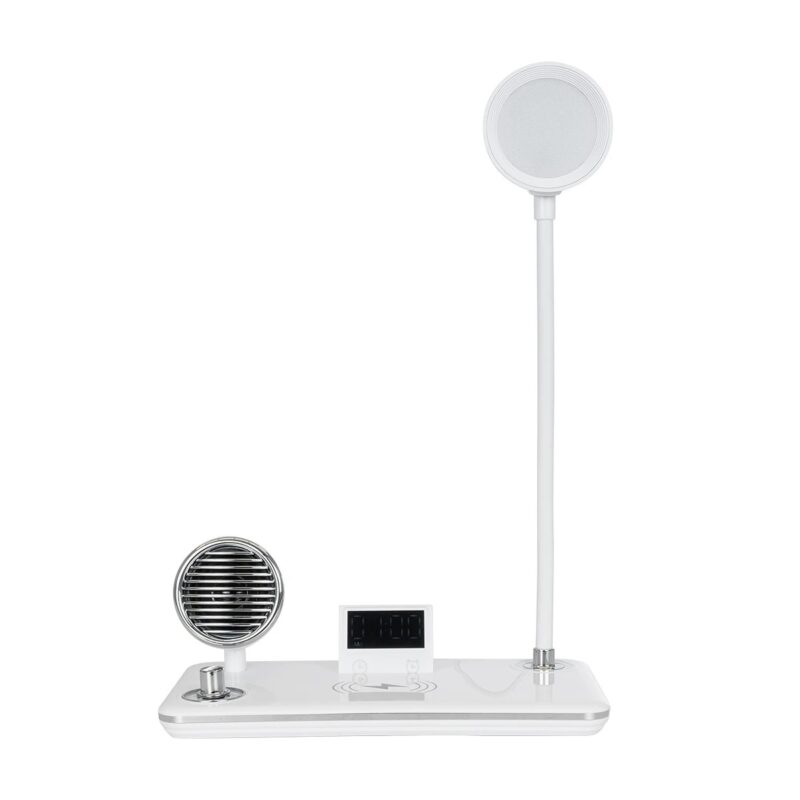 GLOBOSTAR® OLDY 76557 Μοντέρνο Επιτραπέζιο Φωτιστικό Γραφείου με Ασύρματη Φόρτιση 15W 3A, 5W Bluetooth Ηχείο & Ψηφιακό Ρολόι LED 3W 300lm 120° DC 5V με USB-C IP20 Ρυθμιζόμενο Λευκό CCT με Αφή 2700K/4500K/6000K Dimmable – Sanan SMD Chip – Λευκό – Μ13 x Π25 x Υ43cm – 2 Χρόνια Εγγύηση
