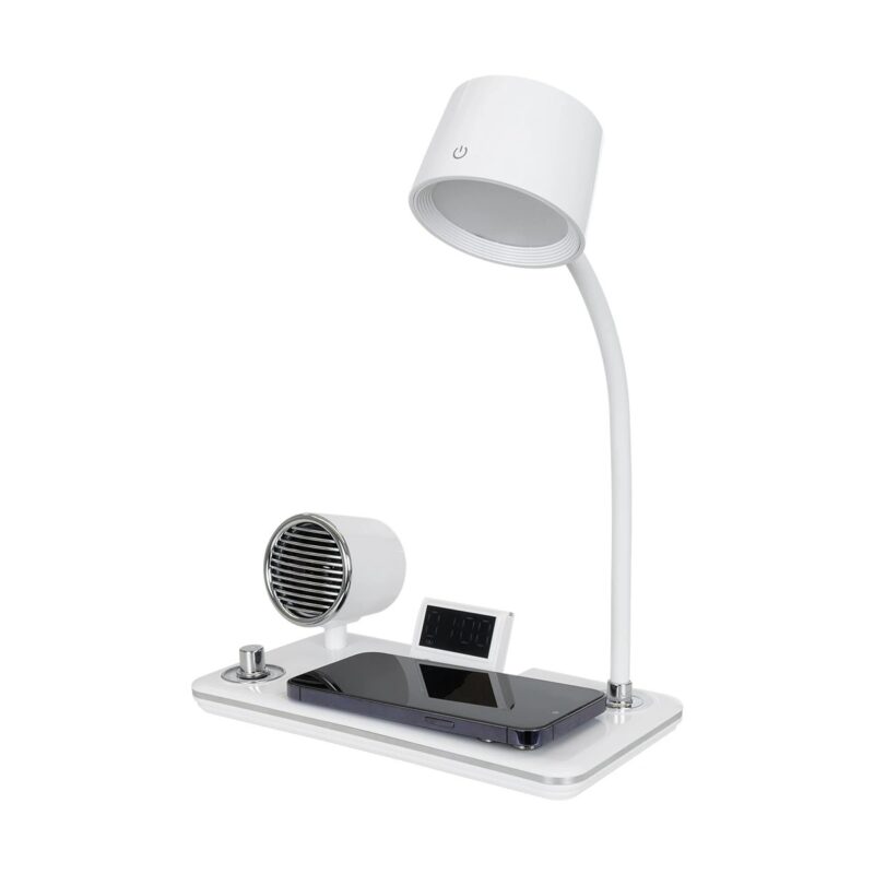 GLOBOSTAR® OLDY 76557 Μοντέρνο Επιτραπέζιο Φωτιστικό Γραφείου με Ασύρματη Φόρτιση 15W 3A, 5W Bluetooth Ηχείο & Ψηφιακό Ρολόι LED 3W 300lm 120° DC 5V με USB-C IP20 Ρυθμιζόμενο Λευκό CCT με Αφή 2700K/4500K/6000K Dimmable – Sanan SMD Chip – Λευκό – Μ13 x Π25 x Υ43cm – 2 Χρόνια Εγγύηση