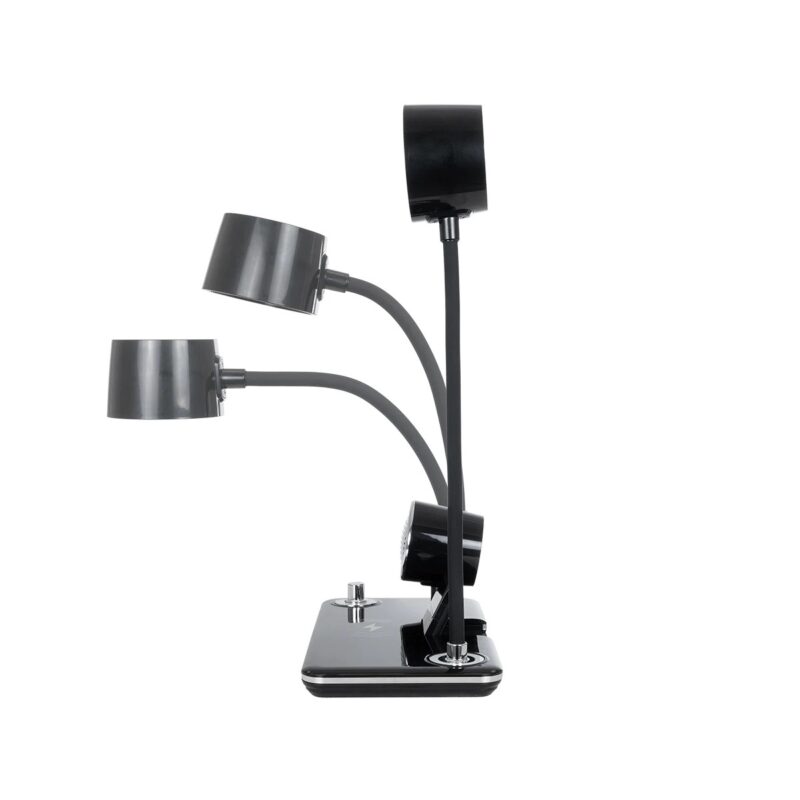 GLOBOSTAR® OLDY 76563 Μοντέρνο Επιτραπέζιο Φωτιστικό Γραφείου με Ασύρματη Φόρτιση 15W 3A, 5W Bluetooth Ηχείο & Ψηφιακό Ρολόι LED 3W 300lm 120° DC 5V με USB-C IP20 Ρυθμιζόμενο Λευκό CCT με Αφή 2700K/4500K/6000K Dimmable – Sanan SMD Chip – Μαύρο – Μ13 x Π25 x Υ43cm – 2 Χρόνια Εγγύηση