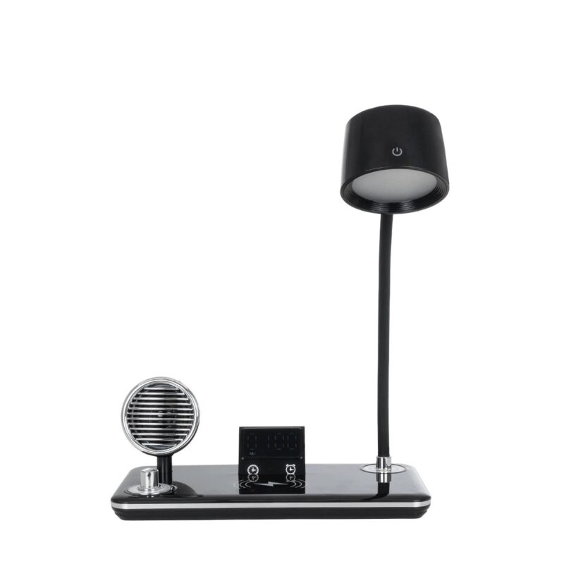 GLOBOSTAR® OLDY 76563 Μοντέρνο Επιτραπέζιο Φωτιστικό Γραφείου με Ασύρματη Φόρτιση 15W 3A, 5W Bluetooth Ηχείο & Ψηφιακό Ρολόι LED 3W 300lm 120° DC 5V με USB-C IP20 Ρυθμιζόμενο Λευκό CCT με Αφή 2700K/4500K/6000K Dimmable – Sanan SMD Chip – Μαύρο – Μ13 x Π25 x Υ43cm – 2 Χρόνια Εγγύηση