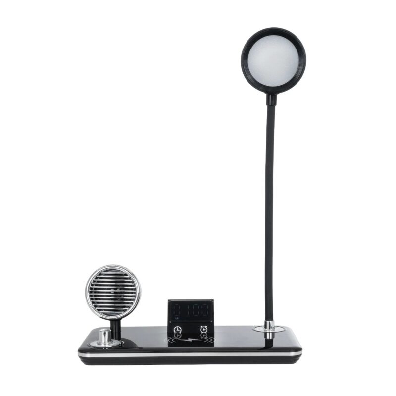 GLOBOSTAR® OLDY 76563 Μοντέρνο Επιτραπέζιο Φωτιστικό Γραφείου με Ασύρματη Φόρτιση 15W 3A, 5W Bluetooth Ηχείο & Ψηφιακό Ρολόι LED 3W 300lm 120° DC 5V με USB-C IP20 Ρυθμιζόμενο Λευκό CCT με Αφή 2700K/4500K/6000K Dimmable – Sanan SMD Chip – Μαύρο – Μ13 x Π25 x Υ43cm – 2 Χρόνια Εγγύηση