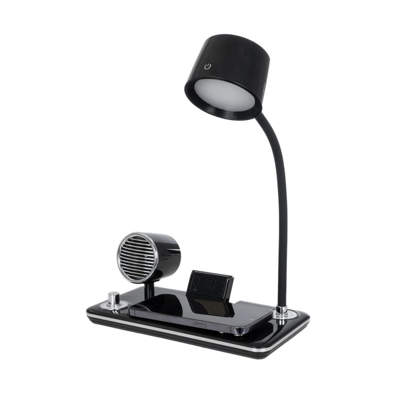 GLOBOSTAR® OLDY 76563 Μοντέρνο Επιτραπέζιο Φωτιστικό Γραφείου με Ασύρματη Φόρτιση 15W 3A, 5W Bluetooth Ηχείο & Ψηφιακό Ρολόι LED 3W 300lm 120° DC 5V με USB-C IP20 Ρυθμιζόμενο Λευκό CCT με Αφή 2700K/4500K/6000K Dimmable – Sanan SMD Chip – Μαύρο – Μ13 x Π25 x Υ43cm – 2 Χρόνια Εγγύηση