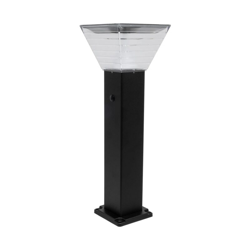 GLOBOSTAR® VEGGIE 90524 Φωτιστικό Κολωνάκι Κήπου LED 10W 500lm 120° με Ενσωματωμένο Φωτοβολταϊκό Panel 6V 2W & Επαναφορτιζόμενη Μπαταρία Li-ion 3.2V 6000mAh με Αισθητήρα Ημέρας-Νύχτας Αδιάβροχο IP65 All in One CCT 6000K-4500K – Sanan SMD Chip – Μαύρο – Μ19.5 x Π19.5 x Υ60cm – 2 Χρόνια Εγγύηση