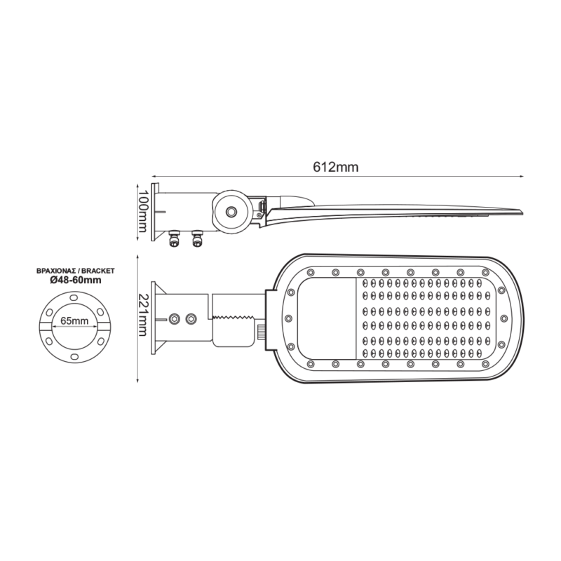 LED Φωτιστικό Δρόμου 100W 12000lm 2200K 140×90° IP66 Class I – ACA NORD10022