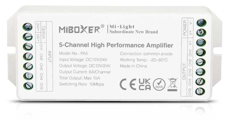 MiBoxer PA5 5-Channel High Performance Amplifier – LED Ενισχυτής Σήματος & Ισχύος 12/24V  15A  A-PA5