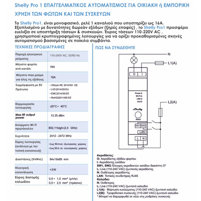 Shelly PRO 1 | Wi-Fi Smart Διακόπτης Ράγας 16A – EAN 3800235268001