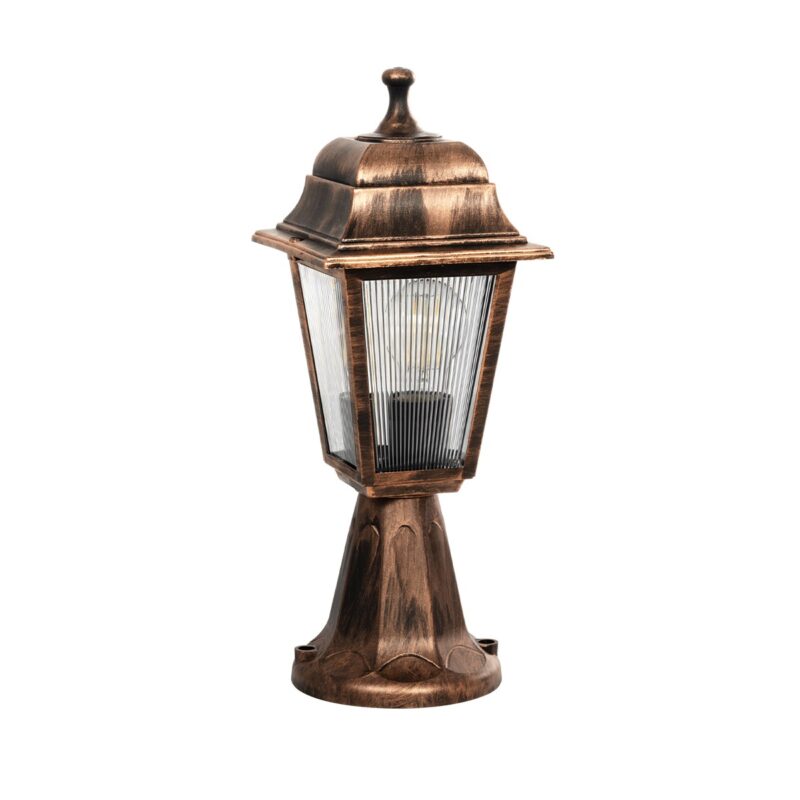 GloboStar® SOLME 203-0215 Vintage Επιδαπέδιο Φωτιστικό Φαναράκι Μονόφωτο 1 x E27 IP44 Χάλκινο & Διάφανο Πλαστικό – Μ22 x Π22 x Υ40cm