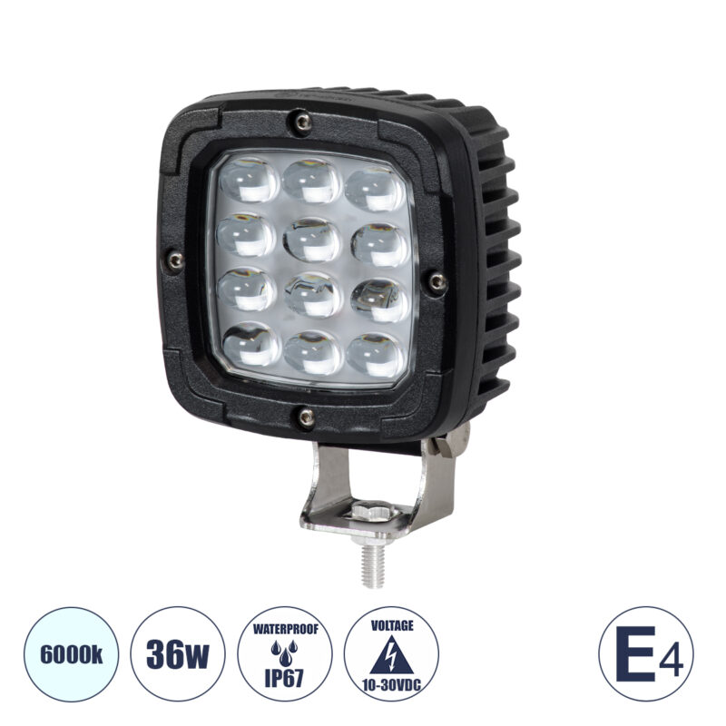 GloboStar® 85428 E4 Mark Vehicle & Forklift Work Lights – Φώτα Εργασίας για Οχήματα Περονοφόρα – Κλάρκ LED 36W DC 10-30V Αδιάβροχο IP67 Ψυχρό Λευκό 6000K Μ12.5 x Π9.5 x Υ6.5cm