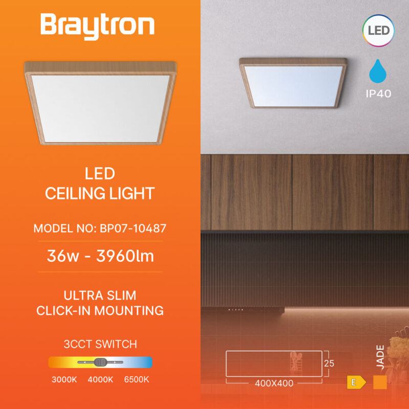 Πλαφονιέρα “Jade” slim 26W CCT Ξύλο 40×40 Braytron – BP07-10487