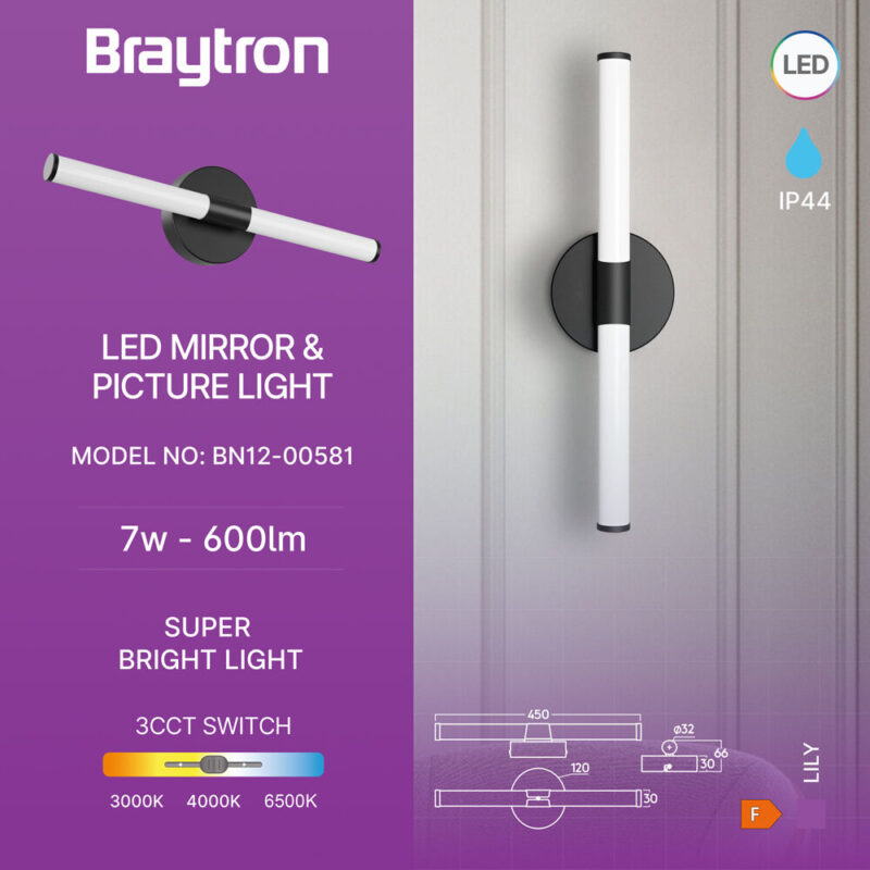 Φωτιστικό καθρέπτου “Lily” IP44 3CCT 7w 600lm Μαύρο Braytron – BN12-00581