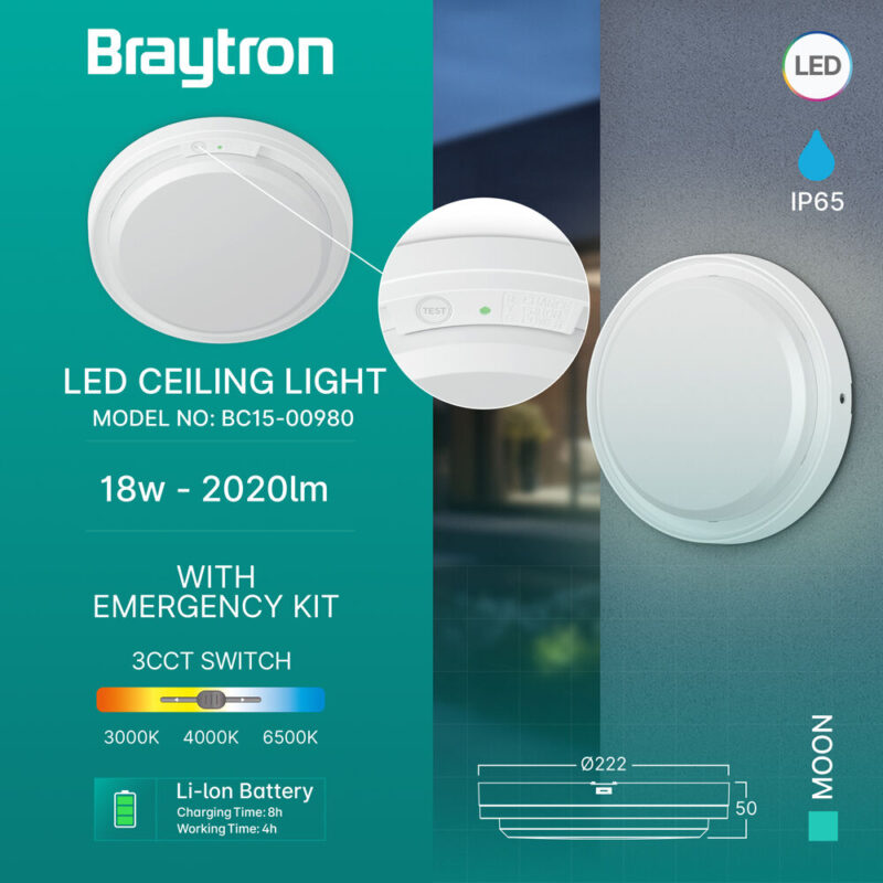 Πλαφονιέρα led “Moon” 18w 3CCT 2000lm IP65 με ανίχνευση κίνησης και ασφαλείας Braytron – BC15-00980