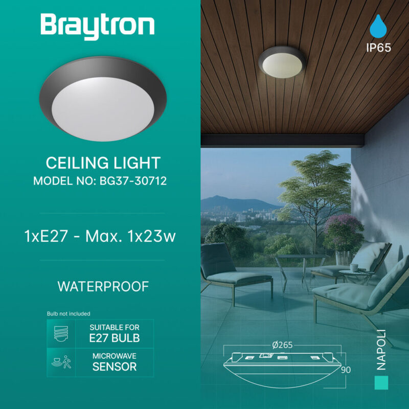 Πλαφονιέρα “Napoli” IP65 1 x Ε27 Sensor Γκρί Braytron – BG37-30712