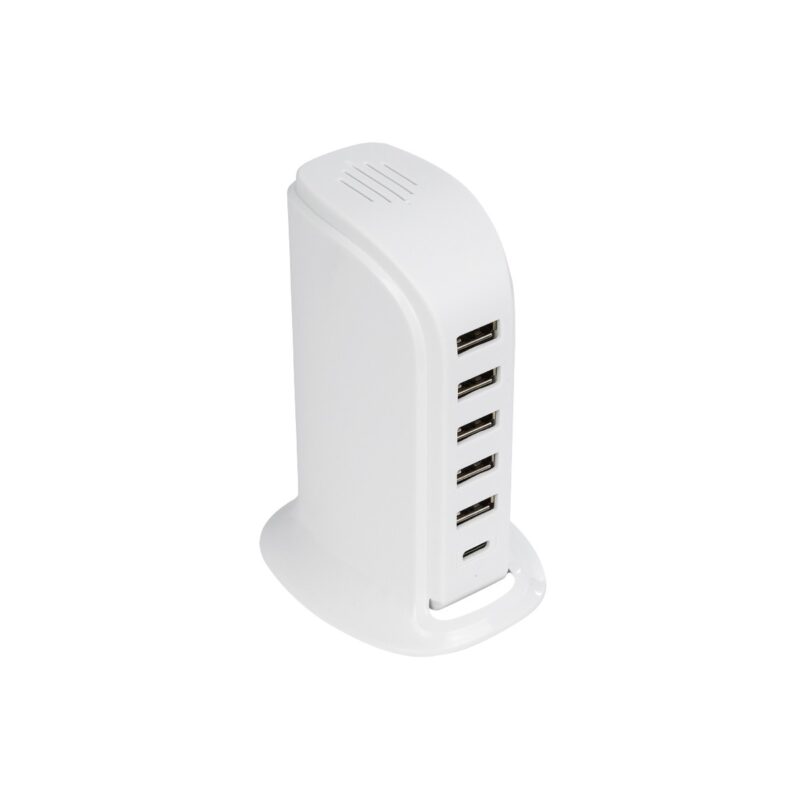 GLOBOSTAR® CHARGER 79704 Πολυφορτιστής DC 5V με 5 x USB 2.0 & 1 x USB-C 30W 6A AC 220-240V IP20 – Λευκό – Μ8 x Π6.5 x Υ11.5cm