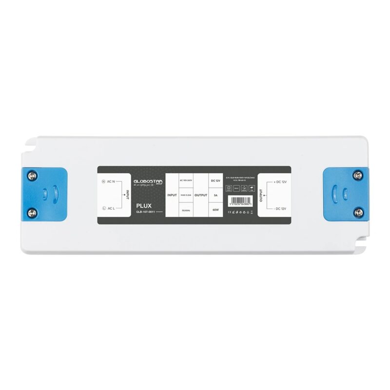 GLOBOSTAR® PLUX GLB-107-0011 Τροφοδοτικό/Μετασχηματιστής Class II SELV 60W 5A AC 220-240V σε DC 12V IP20 – Λευκό Ματ – Μ18.5 x Π6.4 x Υ2.2cm – 3 Χρόνια Εγγύηση