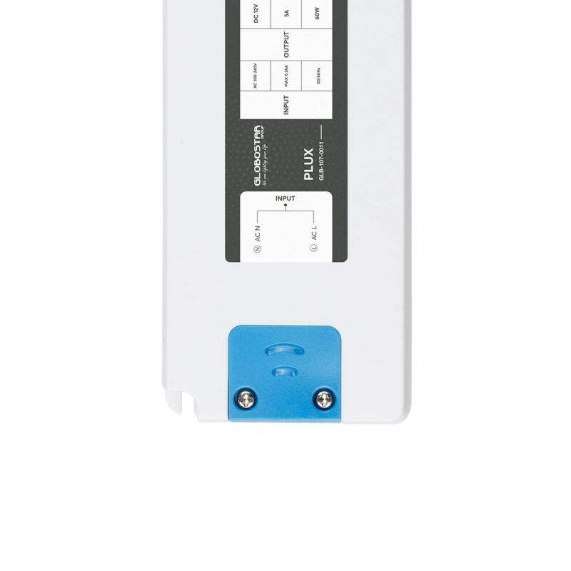 GLOBOSTAR® PLUX GLB-107-0011 Τροφοδοτικό/Μετασχηματιστής Class II SELV 60W 5A AC 220-240V σε DC 12V IP20 – Λευκό Ματ – Μ18.5 x Π6.4 x Υ2.2cm – 3 Χρόνια Εγγύηση