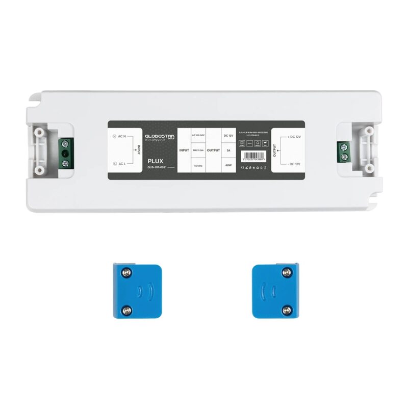 GLOBOSTAR® PLUX GLB-107-0011 Τροφοδοτικό/Μετασχηματιστής Class II SELV 60W 5A AC 220-240V σε DC 12V IP20 – Λευκό Ματ – Μ18.5 x Π6.4 x Υ2.2cm – 3 Χρόνια Εγγύηση