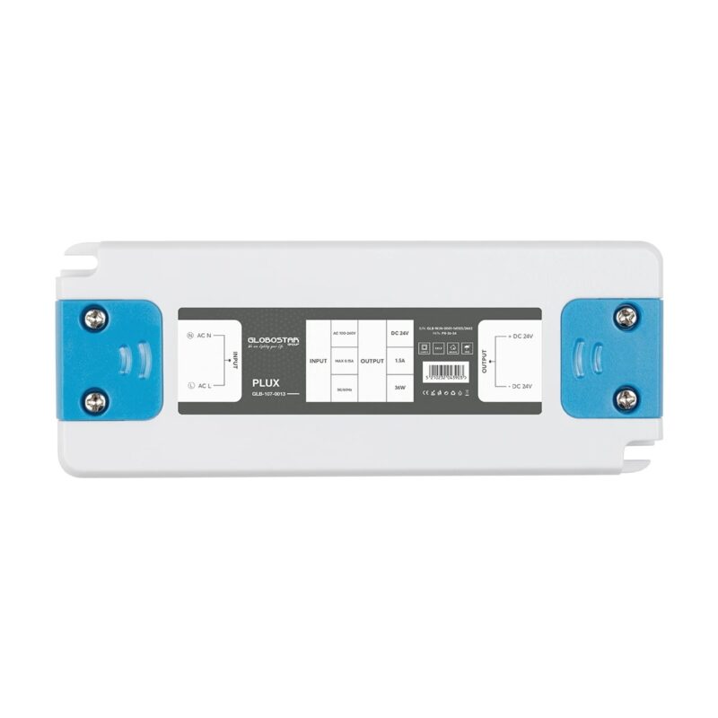 GLOBOSTAR® PLUX GLB-107-0013 Τροφοδοτικό/Μετασχηματιστής Class II SELV 36W 1.5A AC 220-240V σε DC 24V IP20 – Λευκό Ματ – Μ12.8 x Π5 x Υ1.5cm – 3 Χρόνια Εγγύηση