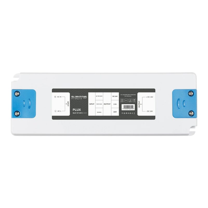 GLOBOSTAR® PLUX GLB-107-0014 Τροφοδοτικό/Μετασχηματιστής Class II SELV 60W 2.5A AC 220-240V σε DC 24V IP20 – Λευκό Ματ – Μ18.5 x Π6.4 x Υ2.2cm – 3 Χρόνια Εγγύηση