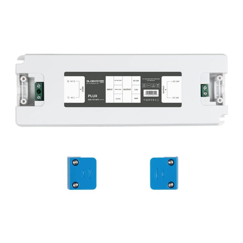 GLOBOSTAR® PLUX GLB-107-0014 Τροφοδοτικό/Μετασχηματιστής Class II SELV 60W 2.5A AC 220-240V σε DC 24V IP20 – Λευκό Ματ – Μ18.5 x Π6.4 x Υ2.2cm – 3 Χρόνια Εγγύηση