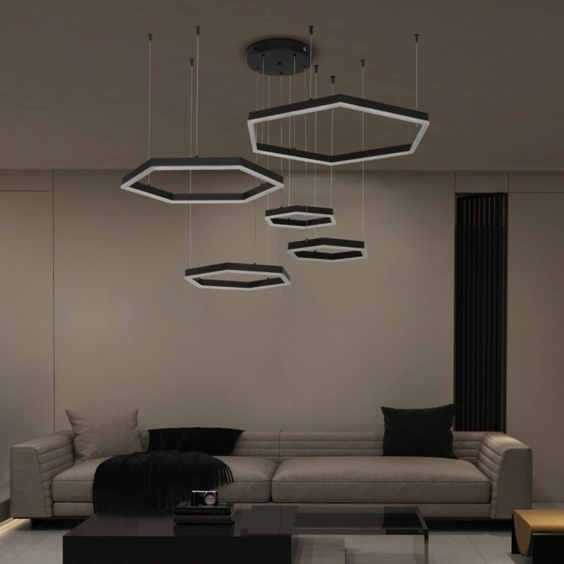 kelvo® LEXAGON KLV-101-0179 Κρεμαστό Φωτιστικό Οροφής LED 120W 12000lm 200° AC 220-240V IP20 Ρυθμιζόμενο Λευκό CCT με Χειριστήριο από 2700K έως 6000K Dimmable – Lumileds SMD Chip – Μαύρο Ματ – Μ110 x Π90 x Υ110cm – 3 Χρόνια Εγγύηση