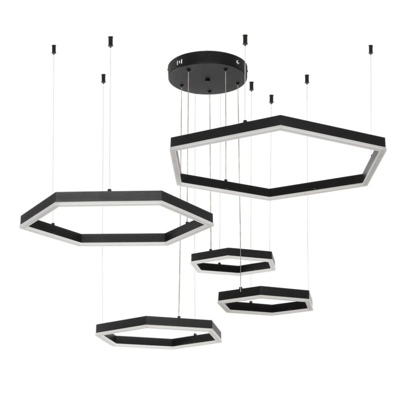 kelvo® LEXAGON KLV-101-0179 Κρεμαστό Φωτιστικό Οροφής LED 120W 12000lm 200° AC 220-240V IP20 Ρυθμιζόμενο Λευκό CCT με Χειριστήριο από 2700K έως 6000K Dimmable – Lumileds SMD Chip – Μαύρο Ματ – Μ110 x Π90 x Υ110cm – 3 Χρόνια Εγγύηση