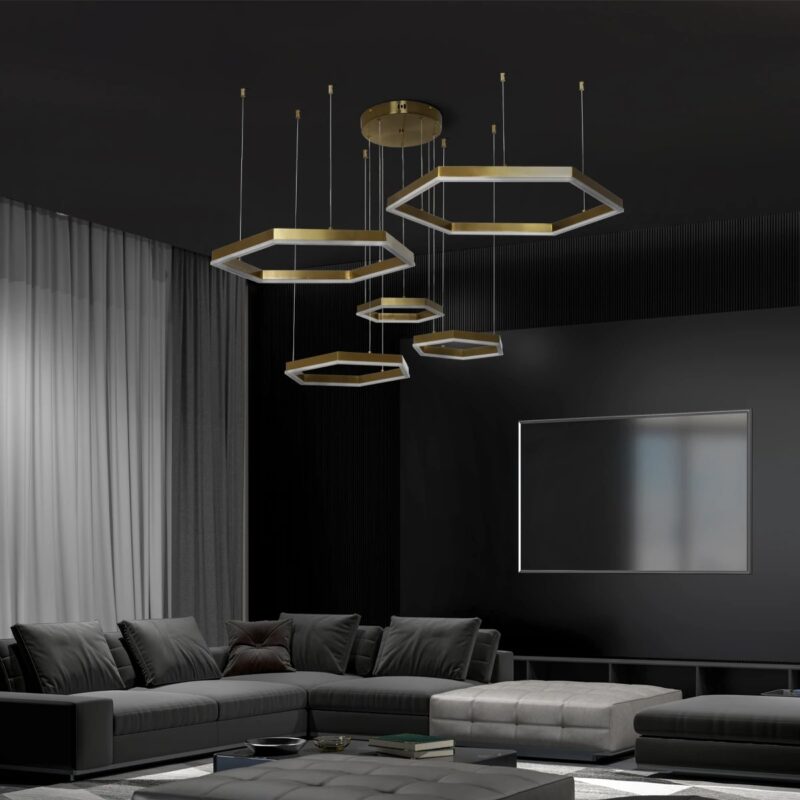 kelvo® LEXAGON KLV-101-0180 Κρεμαστό Φωτιστικό Οροφής LED 120W 12000lm 200° AC 220-240V IP20 Ρυθμιζόμενο Λευκό CCT με Χειριστήριο από 2700K έως 6000K Dimmable – Lumileds SMD Chip – Χρυσό Πλατίνα – Μ110 x Π90 x Υ110cm – 3 Χρόνια Εγγύηση