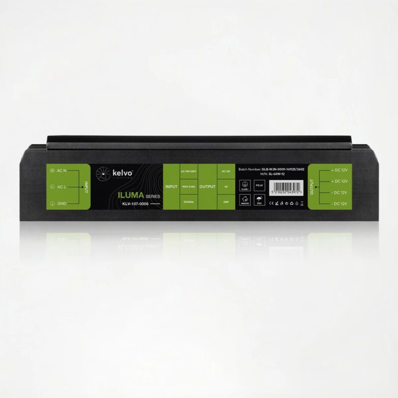 kelvo® ILUMA KLV-107-0006 Slim Τροφοδοτικό/Μετασχηματιστής Class I PELV 60W 5A AC 220-240V σε DC 12V IP20 – Γκρι Ανθρακί Ματ – Μ13.3 x Π4.8 x Υ2.8cm – 5 Χρόνια Εγγύηση