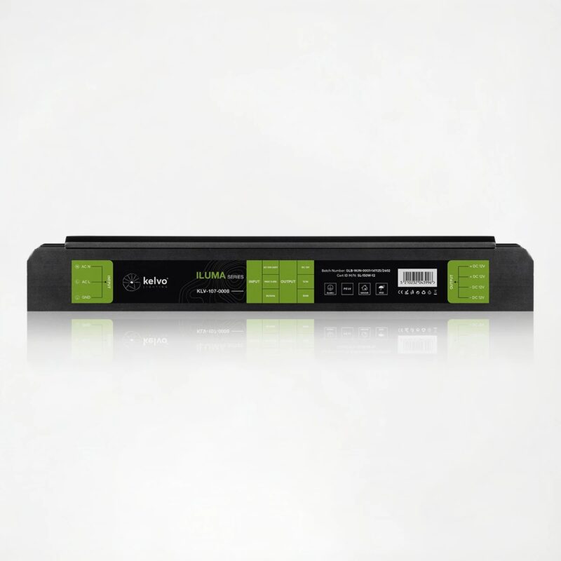 kelvo® ILUMA KLV-107-0008 Slim Τροφοδοτικό/Μετασχηματιστής Class I PELV 150W 12.5A AC 220-240V σε DC 12V IP20 – Γκρι Ανθρακί Ματ – Μ18.1 x Π4.8 x Υ2.8cm – 5 Χρόνια Εγγύηση