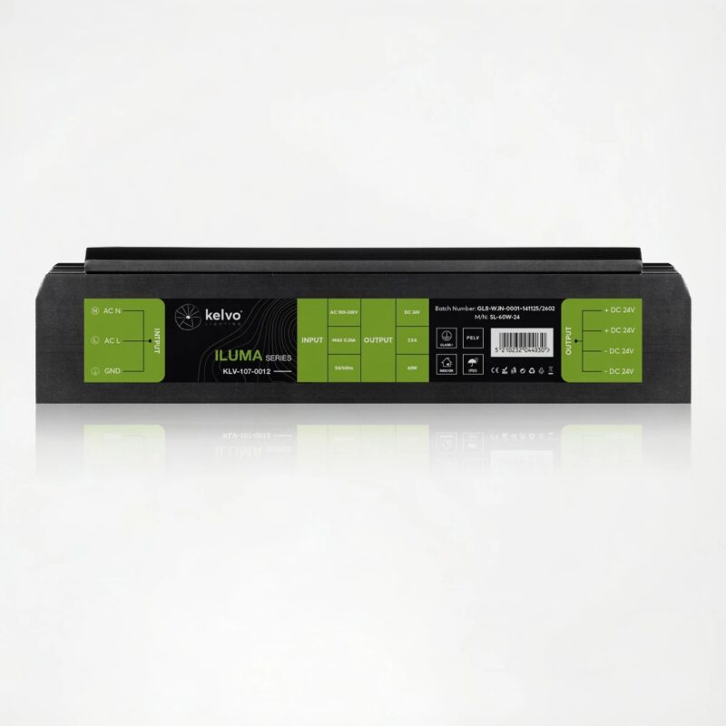 kelvo® ILUMA KLV-107-0012 Slim Τροφοδοτικό/Μετασχηματιστής Class I PELV 60W 2.5A AC 220-240V σε DC 24V IP20 – Γκρι Ανθρακί Ματ – Μ13.3 x Π4.8 x Υ2.8cm – 5 Χρόνια Εγγύηση