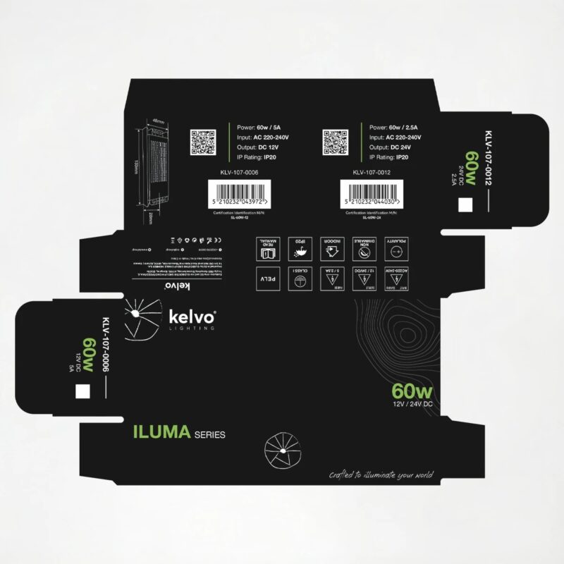 kelvo® ILUMA KLV-107-0012 Slim Τροφοδοτικό/Μετασχηματιστής Class I PELV 60W 2.5A AC 220-240V σε DC 24V IP20 – Γκρι Ανθρακί Ματ – Μ13.3 x Π4.8 x Υ2.8cm – 5 Χρόνια Εγγύηση