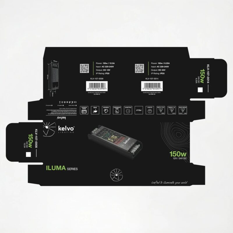 kelvo® ILUMA KLV-107-0014 Slim Τροφοδοτικό/Μετασχηματιστής Class I PELV 150W 6.25A AC 220-240V σε DC 24V IP20 – Γκρι Ανθρακί Ματ – Μ18.1 x Π4.8 x Υ2.8cm – 5 Χρόνια Εγγύηση