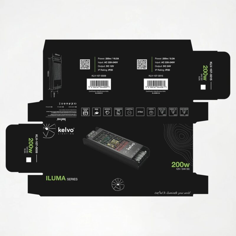 kelvo® ILUMA KLV-107-0015 Slim Τροφοδοτικό/Μετασχηματιστής Class I PELV 200W 8.3A AC 220-240V σε DC 24V IP20 – Γκρι Ανθρακί Ματ – Μ18.5 x Π5.9 x Υ2.8cm – 5 Χρόνια Εγγύηση