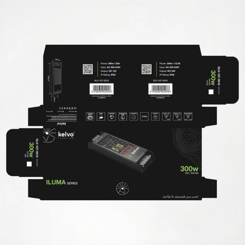 kelvo® ILUMA KLV-107-0016 Slim Τροφοδοτικό/Μετασχηματιστής Class I PELV 300W 12.5A AC 220-240V σε DC 24V IP20 – Γκρι Ανθρακί Ματ – Μ19.6 x Π5.9 x Υ2.8cm – 5 Χρόνια Εγγύηση