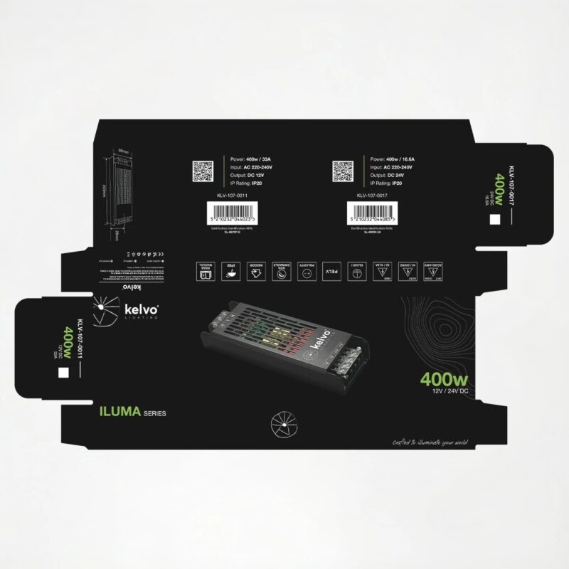 kelvo® ILUMA KLV-107-0017 Slim Τροφοδοτικό/Μετασχηματιστής Class I PELV 400W 16.6A AC 220-240V σε DC 24V IP20 – Γκρι Ανθρακί Ματ – Μ22.3 x Π5.9 x Υ2.8cm – 5 Χρόνια Εγγύηση