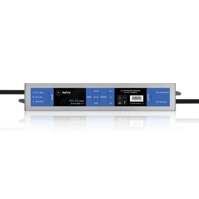 kelvo® SELAS KLV-107-0019 Τροφοδοτικό/Μετασχηματιστής Class II SELV 24W 2A AC 220-240V σε DC 12V Αδιάβροχο IP67 – Γκρι Ανθρακί Ματ – Μ18.2 x Π3 x Υ2cm – 5 Χρόνια Εγγύηση