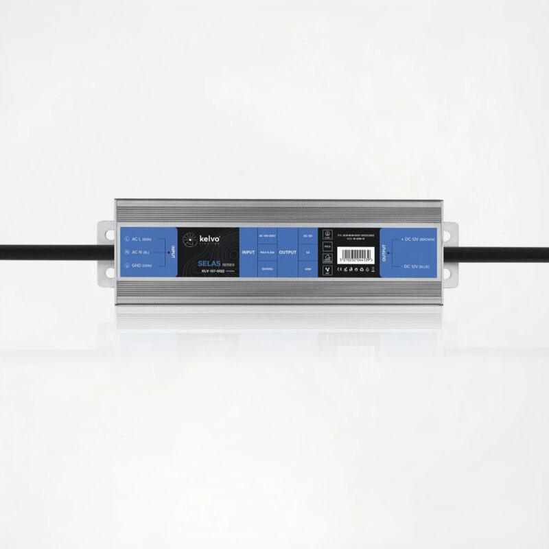 kelvo® SELAS KLV-107-0022 Τροφοδοτικό/Μετασχηματιστής Class I PELV 60W 5A AC 220-240V σε DC 12V Αδιάβροχο IP67 – Γκρι Ανθρακί Ματ – Μ15.8 x Π4.3 x Υ2.3cm – 5 Χρόνια Εγγύηση